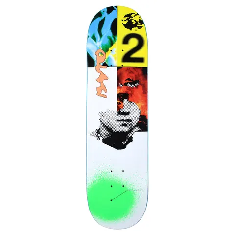 Quasi Edger skateboard deck: Collage of halftone and photocopied images on white: a large 2 on yellow, a dithered portrait of a face against flames, a blue and green abstract patch and a peach squiggle, with a neon green spray blob at the tail.