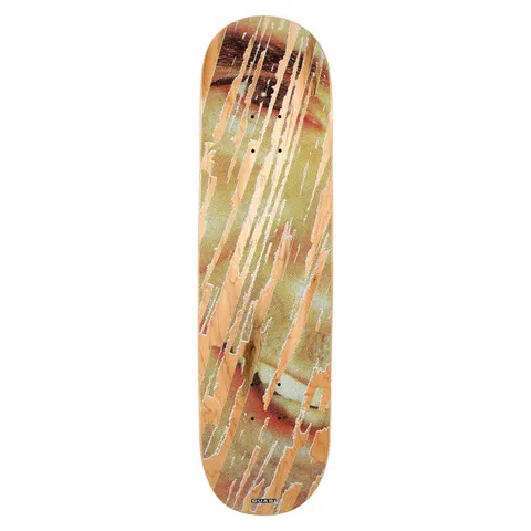Quasi Erased skateboard deck: Enlarged halftone photo of an eye and face in warm brown and yellow tones, with vertical streaks scraped away to reveal the natural maple wood beneath. Small Quasi label at the tail.