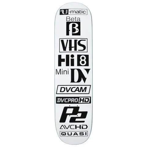 Quasi Formats skateboard deck: White deck with a column of black video format logos stacked down its length: U-matic, Beta, VHS, Hi8, Mini DV, DVCAM, DVCPRO HD, P2 and AVCHD, ending with a Quasi logo.
