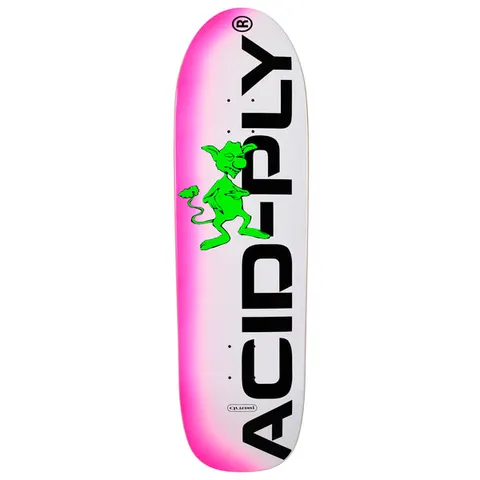 Quasi Freak Out skateboard deck: A shaped deck with a pink airbrushed fade at the edges on white. A green cartoon goblin with a tail stands in the middle, beside huge black vertical lettering reading Acid-Ply. A small Quasi logo sits near the tail.