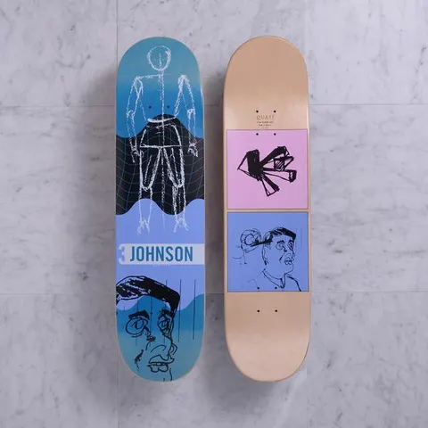 Quasi Futuro Blue Fade skateboard deck: Blue deck with a chalk-like white outline of a standing figure over a black grid-warped panel with wavy blue bands, above a sketched cartoon face with a heavy brow. The rider's surname is on a white strip across the middle.