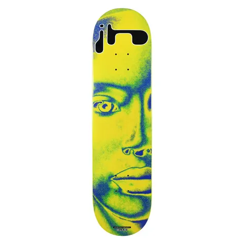 Quasi Henry Bighead skateboard deck: Large close-up of a half-tone style human face in blue on bright yellow, filling the deck, with a chunky black rounded 'jh' monogram at the nose end.