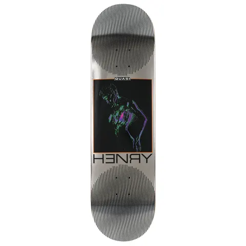 Quasi Henry I.D skateboard deck: Silver foil deck with black wavy-line circles at each end and a black framed panel with a green and purple posterised figure of a person leaning forward. Quasi label above and 'Henry' below with a reversed R.