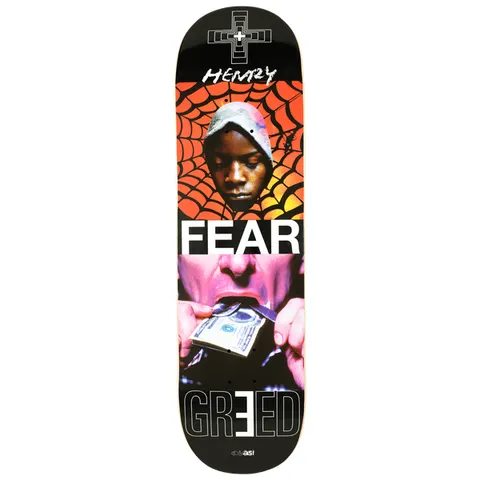 Quasi Henry Index skateboard deck: Collage of two photographs: a hooded figure's face on an orange spider-web background above, and a man pulling a dollar bill from his mouth below. Large 'FEAR' band between them and outlined 'GREED' at the tail.