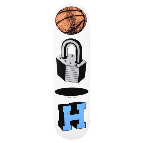 Quasi Henry Locked skateboard deck: White deck with four stacked objects: a stippled orange basketball, a black and grey padlock, a black oval hole and a blue block letter H with a black 3D shadow. Small 'J. Henry / Quasi' text above the H.