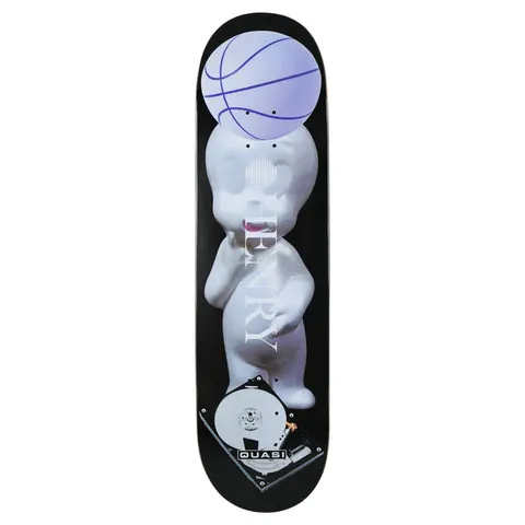 Quasi Henry Mempool skateboard deck: Black deck with a photographic composite of a pale ghost-like toy figure balancing a lilac basketball on its head, standing on an open hard disk drive. HENRY is set vertically in translucent serif type.