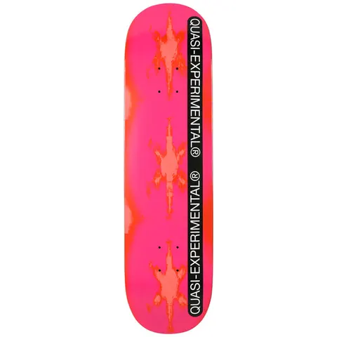 Quasi Hex QE skateboard deck: A bright pink deck with three mirrored, symmetrical red-orange blotchy figures down the centre, and a black vertical bar with white brand text running along the right side.