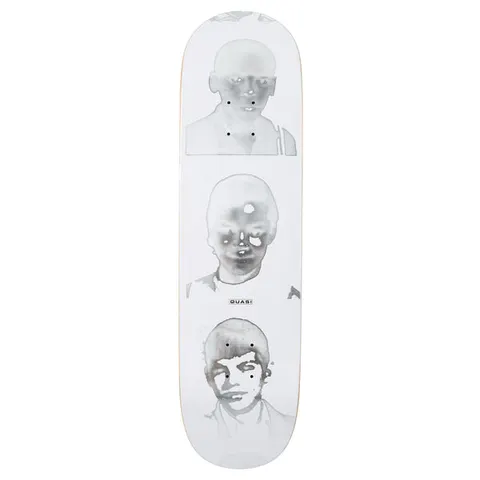Quasi Imago skateboard deck: Three stacked, ghostly inverted-tone portraits of children's heads and shoulders in grey and white on a white deck, with a small Quasi label between the second and third.