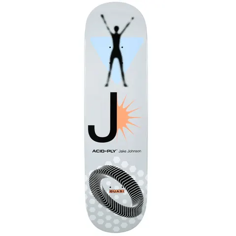 Quasi Johnson Exalt skateboard deck: Grey deck with a blurred black silhouette of a person with raised arms over a pale blue inverted triangle, a large letter J beside an orange starburst, and a black ribbed ring over a hexagon pattern at the tail.