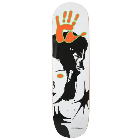 Quasi Johnson Gameplay skateboard deck: A high-contrast black and white face in profile with a large orange handprint outlined in green over the top, and an orange oval on the cheek. Small credit text at the bottom.
