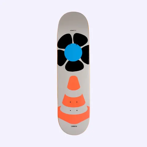 Quasi Johnson Miami skateboard deck: Minimal graphic on a pale grey deck: a black five-petal flower with a blue centre above a large orange traffic cone. Small 'Johnson' and Quasi labels sit at the top and bottom.
