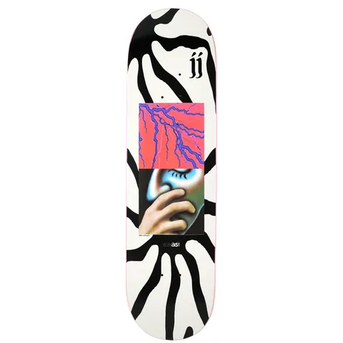 Quasi Johnson Mirage skateboard deck: White deck with thick black radiating tendril shapes and a central collage of two images: pink lightning bolts above and an airbrushed face half covered by a hand below. Blackletter 'JJ' near the nose and Quasi logo at the tail.