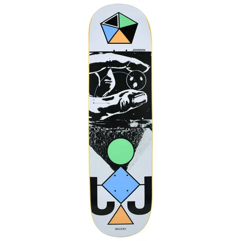 Quasi Johnson Spacetime skateboard deck: A collage of geometric shapes in green, blue and orange (pentagon, circle, diamond, triangle) with large black 'J' letters, around a black and white image of a hand holding a small planet with an orbit line.