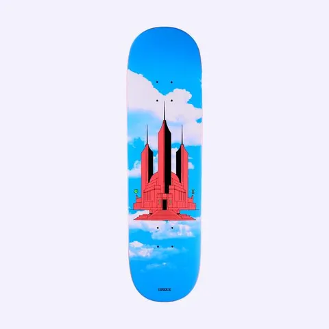 Quasi Johnson Time Chamber skateboard deck: Red stylised temple-like building with three tall black spires and stepped terraces floating on a cloud, against a bright blue sky photograph. A small Quasi logo at the foot.