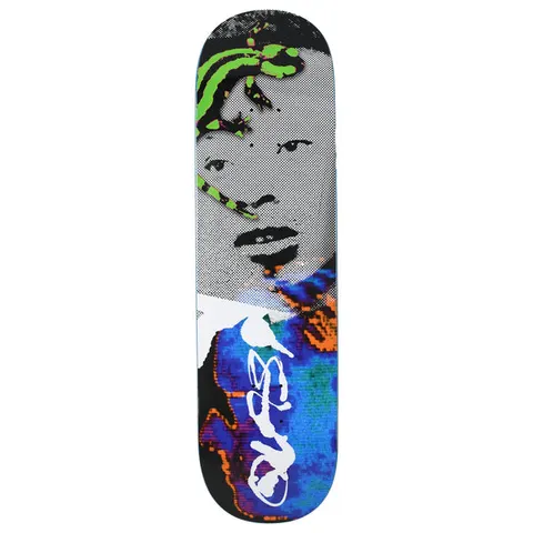 Quasi Lizard Kang skateboard deck: A halftone black and white portrait of a face with a bright green lizard crawling across the forehead, fading into a blue, orange and purple thermal-style pattern at the bottom, with a white scrawled logo.