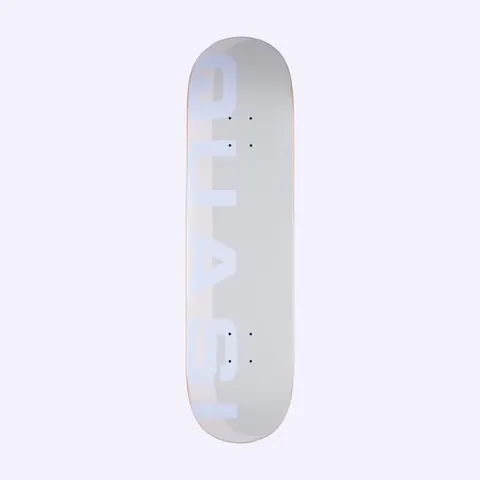 Quasi Mono Phade White skateboard deck: A pale grey and white deck with the Quasi name in large, pale lavender-white block capitals running vertically up the left side, with a faint shadow-like offset panel behind.