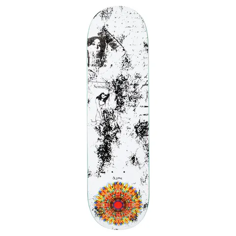 Quasi Nirvana skateboard deck: White deck with distressed black speckled texture, faint photographic figures and scribbled text at the nose, and a bright orange, red and blue kaleidoscopic mandala at the tail.