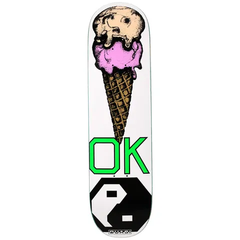 Quasi Okay skateboard deck: A stippled, hand-printed two-scoop ice cream cone, peach over pink, points down toward large green 'OK' lettering. A black yin-yang symbol in blocky style sits at the tail on a white deck.