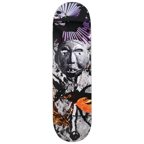 Quasi Oriole skateboard deck: Collage of a grey stone mask face under a purple sunburst, with an orange and black oriole bird and a woven nest below, over a mottled grey and black background and a small Quasi label.