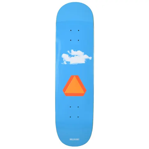 Quasi Pacer skateboard deck: A single white cloud above an orange slow-moving-vehicle triangle sign on a plain bright blue deck. Small Quasi label near the tail.