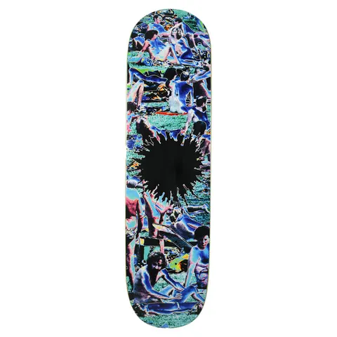 Quasi People skateboard deck: Colour-inverted photograph of many people sunbathing and lounging on grass, in electric blues, greens and pinks, with a black splat shape in the centre.
