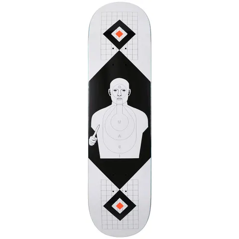 Quasi Perp skateboard deck: Black and white line drawing of a shooting-range target figure, bald and holding a knife, in a black diamond, with target grids and orange-centred diamonds at each end of a white deck. Q U A S I runs down the target rings.