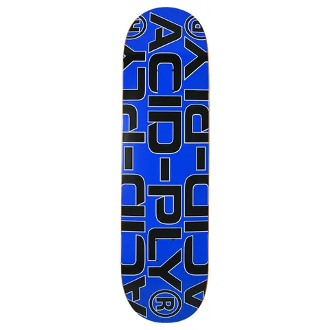 Quasi Ply Logo skateboard deck: The words 'Acid-Ply' are repeated in large black block capitals, with a circled R mark, running at different angles across a bright blue deck.