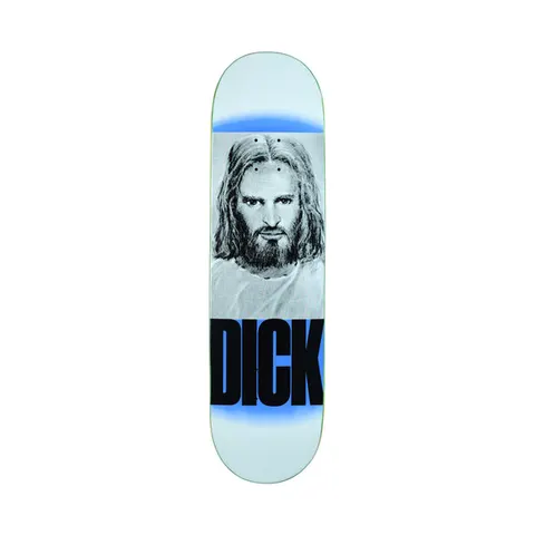 Quasi Rizzo Big Dick skateboard deck: A grainy black and white portrait of a long-haired, bearded man in the style of a devotional religious image sits on a pale ground with blue airbrushed edges. A word in heavy black capitals is set beneath.