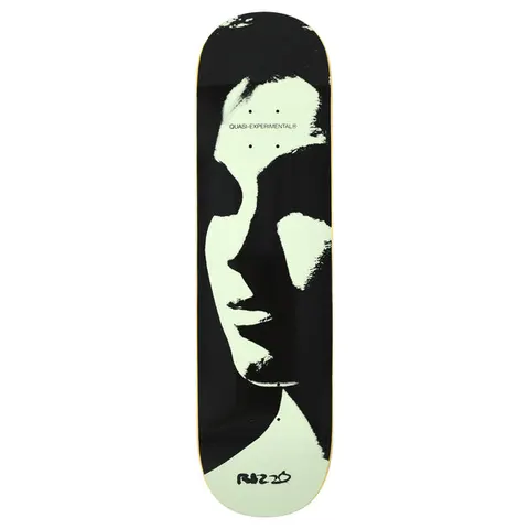 Quasi Rizzo Gazer skateboard deck: High-contrast black and pale-green photographic portrait of a face in profile, cropped tight and lit from one side, with small 'Quasi-Experimental' text near the top and a handwritten Rizzo signature at the bottom.
