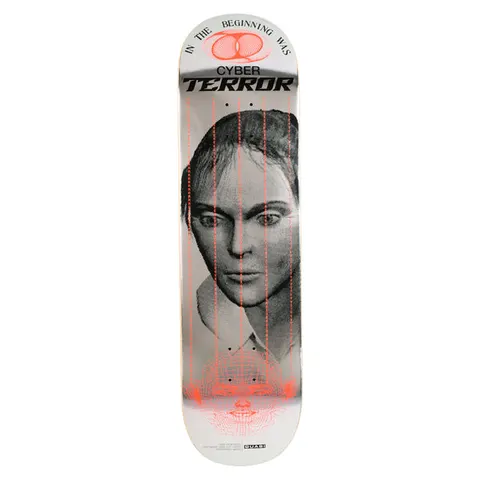 Quasi Rizzo Reset skateboard deck: Greyscale halftone portrait of a woman's face crossed by vertical orange dotted lines, with an orange wireframe head at the bottom and an orange looped emblem at the top under curved text. Bold title lettering sits above the face.