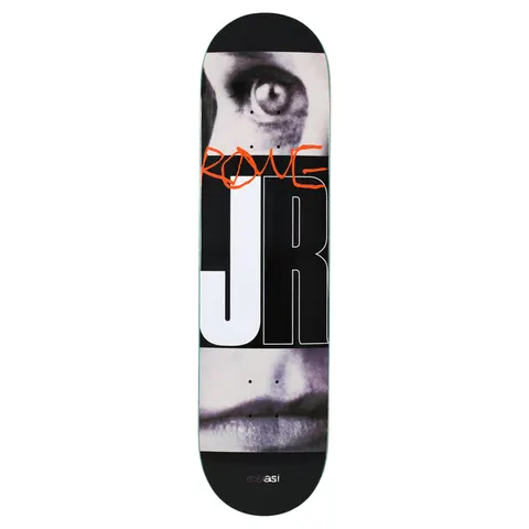 Quasi Rowe Exhibition skateboard deck: Close crops of a woman's eye and lips in greyscale above and below huge block letters J and R, with an orange scrawled name across the top and a small logo at the tail.