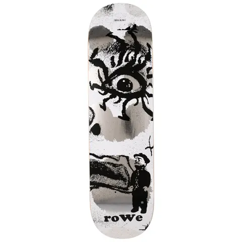 Quasi Rowe Knocker skateboard deck: Black and white high-contrast photocopy-style graphic of a giant staring eye and a bird or beak shape, with a small standing figure in a hat at the lower right, over a reflective silver foil finish.