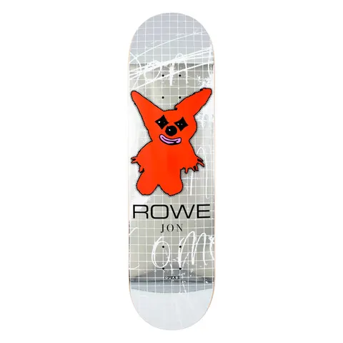 Quasi Rowe Plushie skateboard deck: Orange cartoon plush bunny-like creature with star-shaped eyes, black nose and pink mouth on a silver grid background with white scribbled graffiti, with the rider's name in black capitals below.