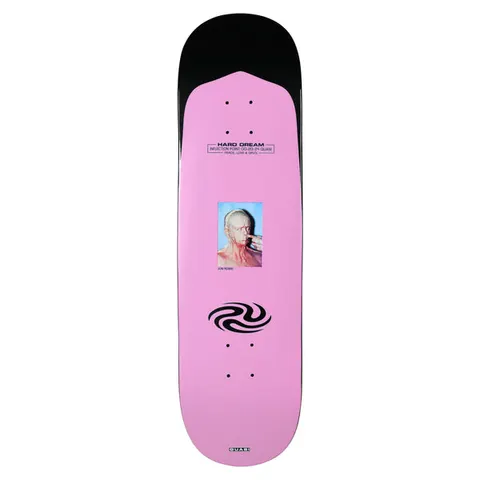 Quasi Rowe Point Break skateboard deck: Pink deck with a black nose, a small photo of a pale figure with blood-red face and a hand to the mouth, and a black swirl symbol below. Small print at the top reads Hard Dream.