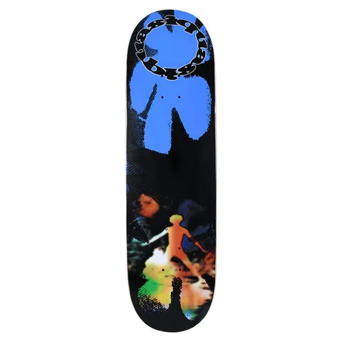Quasi Seam skateboard deck: Black deck with halftone collage: a large blue silhouetted torso shape at the top under a circular ring of bubble lettering, and a glowing orange human figure in a blurred green and yellow scene below.