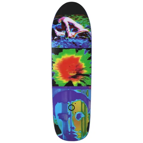 Quasi Technicolor skateboard deck: Three stacked thermal-camera style images on a shaped deck: a crouching figure, a red and green starburst, and a profile face with a hat, in saturated false colours.