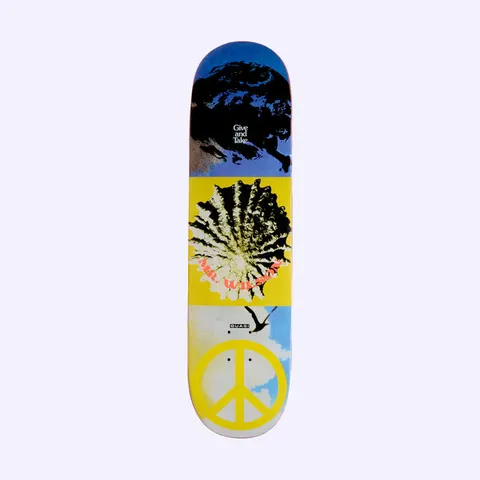 Quasi Wilson Aquarius skateboard deck: Three stacked panels: a blue and black abstract cloud-like image headed 'Give and Take', a yellow panel with a spiky shell or burst and 'Mr. Wilson' in coral lettering ringed around it, and a cloudy sky with a bird and large yellow peace sign.