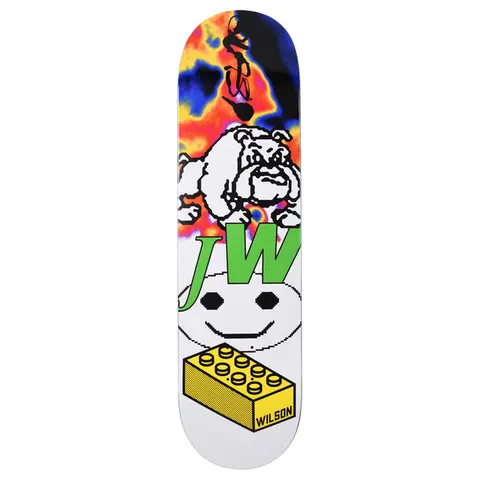 Quasi Wilson Heatmiser skateboard deck: A white pixelated bulldog above a green 'JW' monogram and a smiley face, with a yellow brick block near the tail, over a thermal heat-map style swirl of orange, blue and black at the nose.