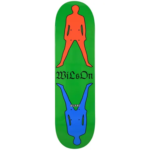 Quasi Wilson Stance skateboard deck: An orange silhouetted figure standing with legs apart and, mirrored below, a blue upside-down figure, with gothic lettering for the name between them, on a green deck. A small Quasi label sits on the lower figure.