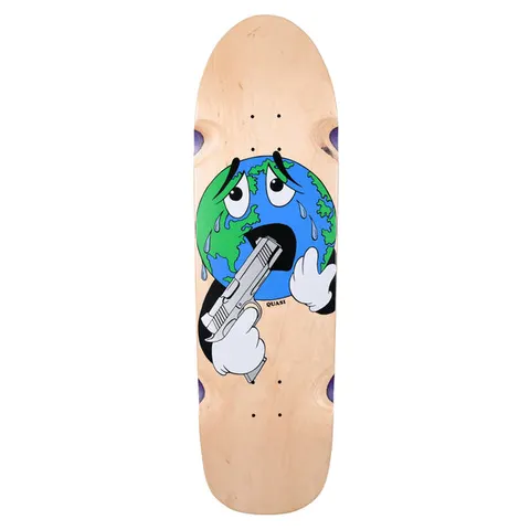 Quasi World skateboard deck: Shaped natural wood deck with a cartoon planet Earth with sad teary eyes and white cartoon gloves, holding a pistol in its mouth. Small Quasi logo beside it.