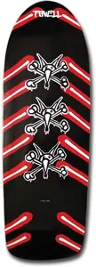 Powell Peralta Ratbone Spoon skateboard deck: Three white rat-and-bones skull logos stacked down a black old-school deck, each flanked by bold red and white chevron stripes. The brand name is at the top.