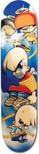 Powell Peralta Knotty Angel skateboard deck: Cartoon-style angels with halos and wings against a blue cloudy sky: a central character with a mask over his mouth, tied up with rope, and others around him, including one in an orange cap.