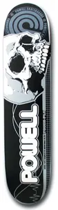 Powell Peralta Jones Skull skateboard deck: Large grey and white skull in profile with detailed teeth on a black deck, with concentric circles at the top, fine grid and line details, and the Powell name in big white outlined letters near the bottom.