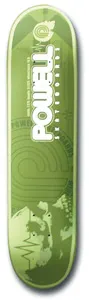 Powell Peralta Wainright Skull skateboard deck: Monochrome olive green deck with a large white Powell wordmark with Skateboards beneath, concentric circle outlines, a faint skull and a heartbeat line in lighter green.