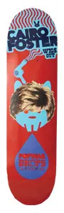 Popwar Foster Wigs Drop skateboard deck: Red deck with a cartoon character head with a brown wig and blue monster body, holding a hairdryer, above a large blue water drop. Name in bold dark blue lettering at the top.