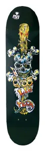 Lib Tech Tough Life skateboard deck: A black deck with a painted skull and crossed bones, a knife through the skull, and a candle-like yellow shaft above it. A scroll banner with LIB TECH in red and yellow lettering sits below, with a small logo at the nose.