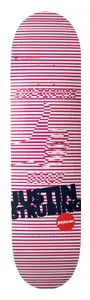 Popwar Mind Eyes skateboard deck: White deck covered in pink horizontal stripes that form the outline of a thumbs-up hand, with small text above and large black stencil-style rider name near the tail, plus a red round logo.