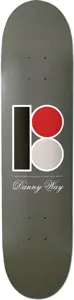 Plan B Signature Way skateboard deck: Plan B logo of a black bar beside a red circle and a pale grey circle, on a plain grey deck, with the rider name in white script and small print beneath.