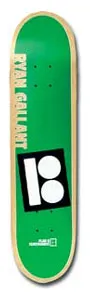 Plan B Staple Galant skateboard deck: A plain green deck with the rider name in cream block capitals running up the left side above the black and white Plan B double-circle logo in a tilted black square. Natural maple edges show around the green.