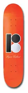 Plan B Signature Gallant skateboard deck: Orange deck with the Plan B logo, a black square P and two circles one black and one silver-white, with small text and the signature Ryan Gallant in script beneath.